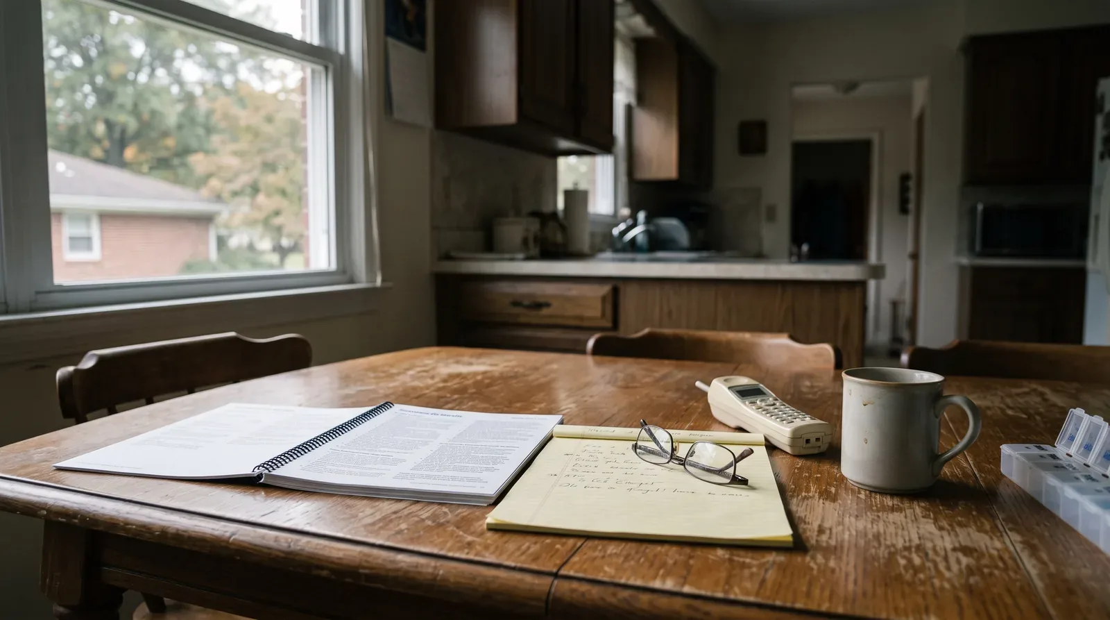 Medicare plan documents on a kitchen table while a New Jersey family researches in-home care coverage