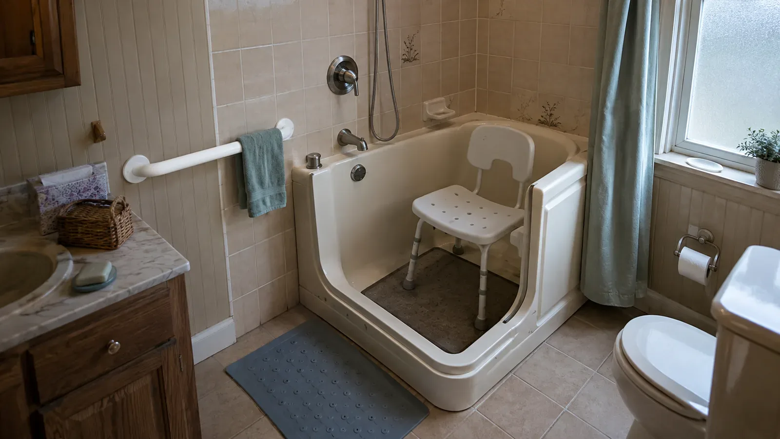 Grab bar and shower chair installed in a New Jersey bathroom to prevent senior falls