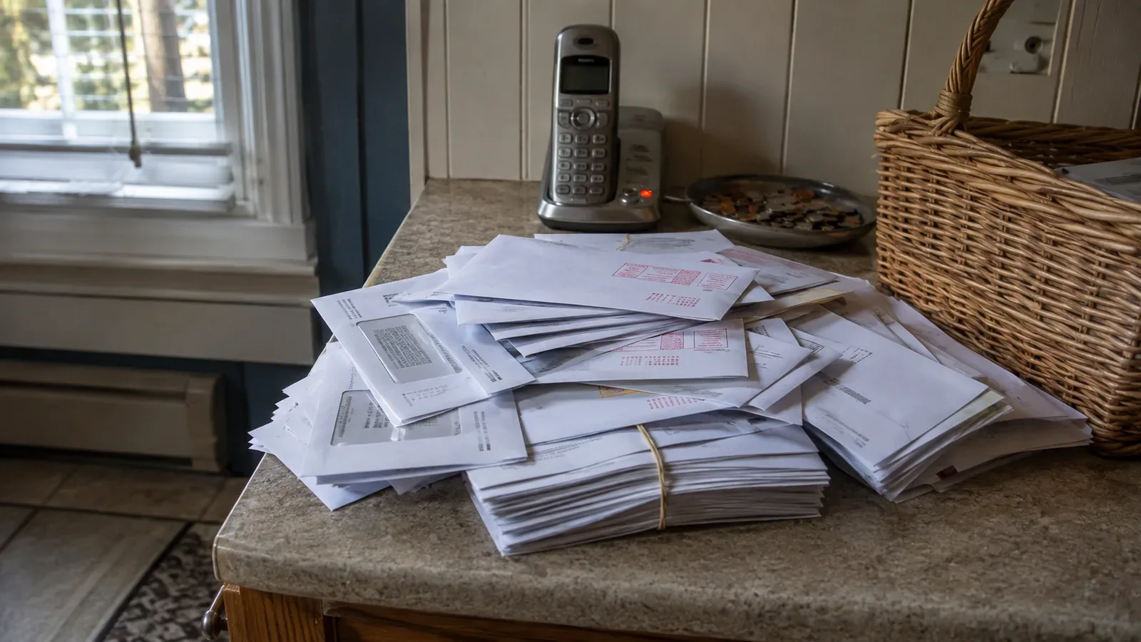 Pile of unopened mail and bills at an aging parent's home in Monmouth County