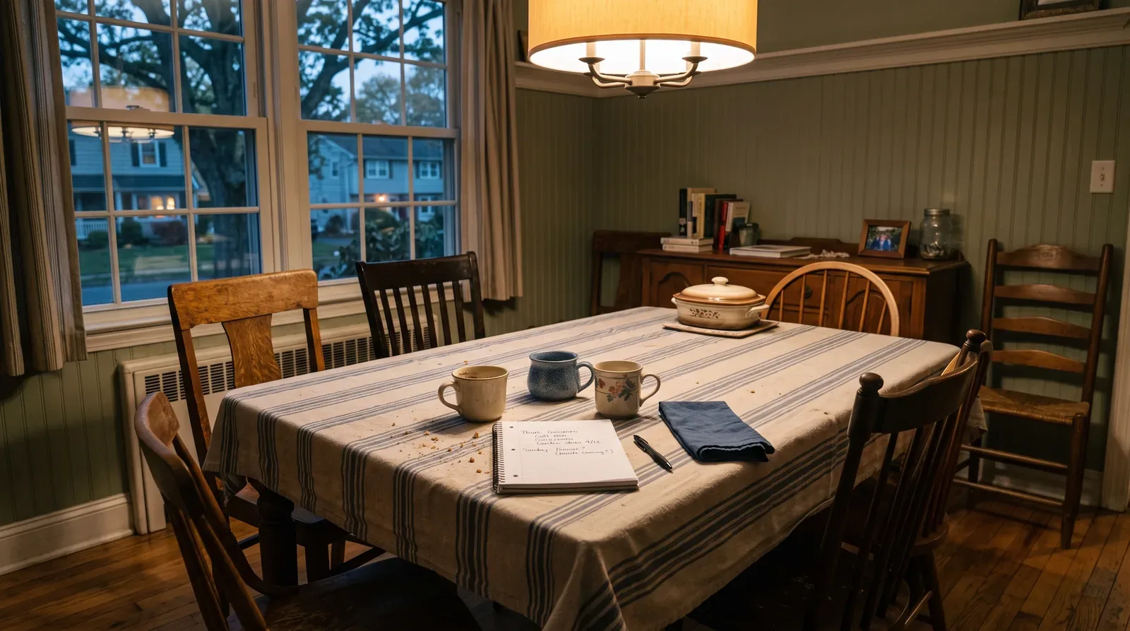 Family conversation at the dining table after a Thanksgiving visit in New Jersey