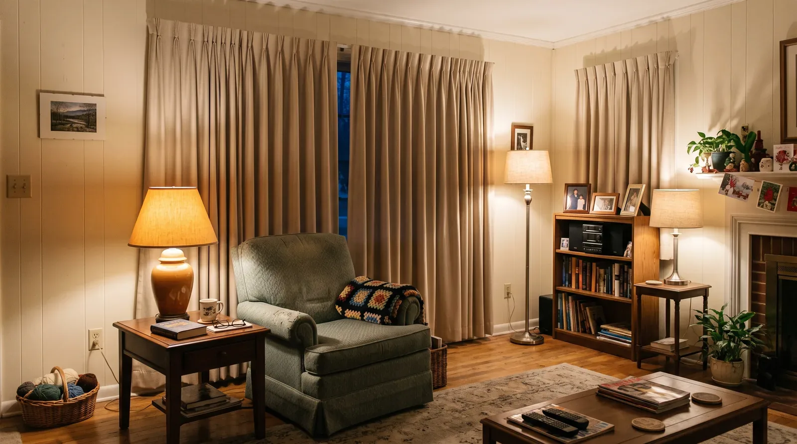 Living room with lamps lit and curtains closed before dusk to reduce sundowning confusion