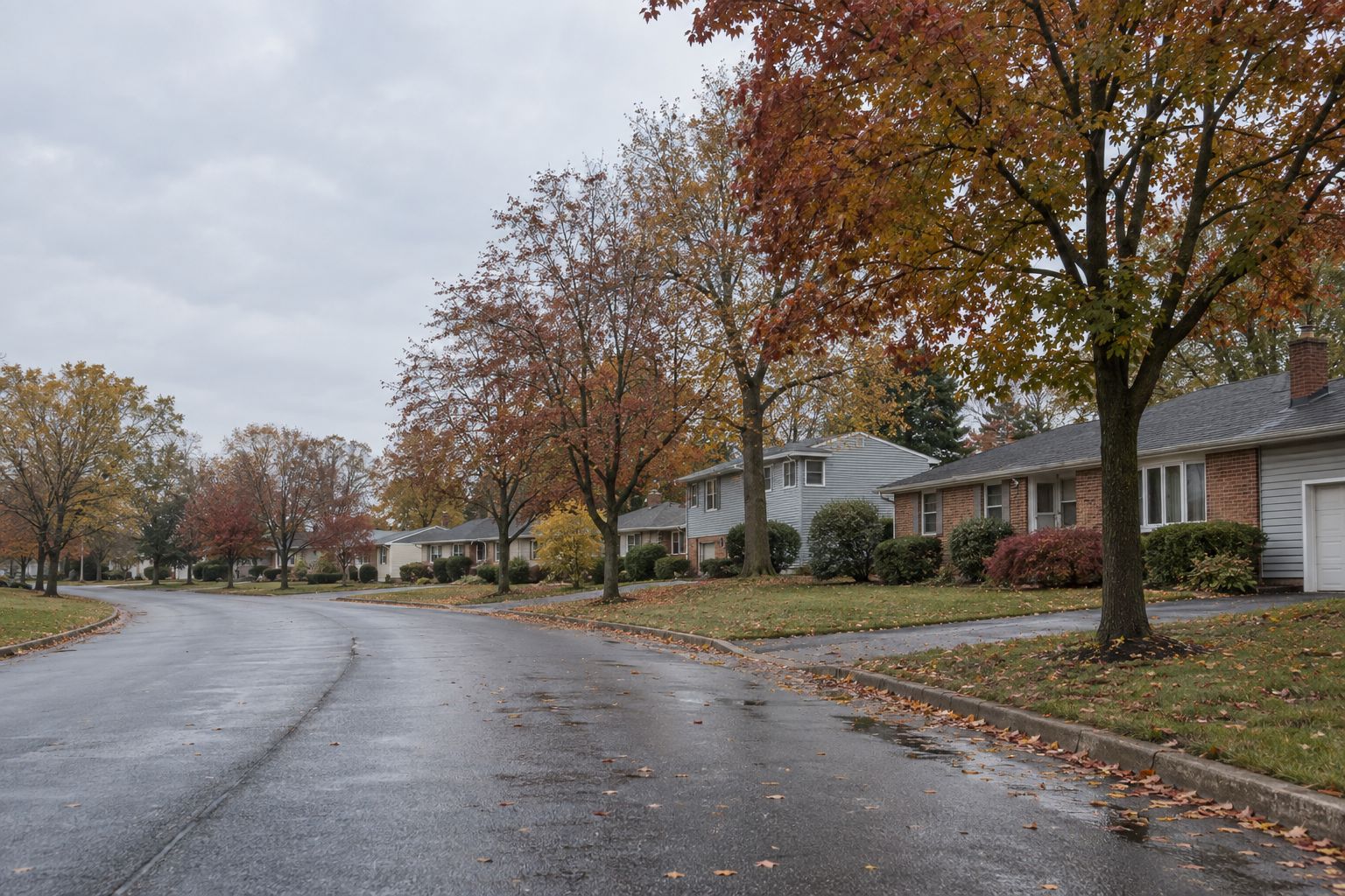 A curving residential lane of low brick and sided houses under red and gold autumn maples, fallen leaves on the wet road