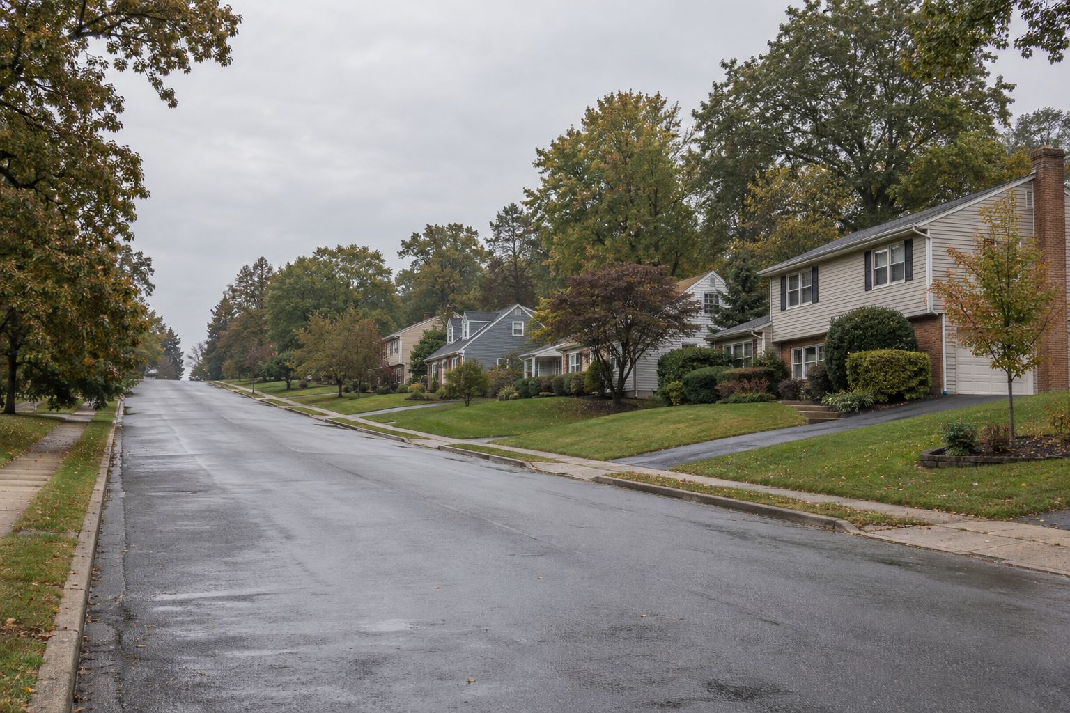 A wide, wet street rising gently uphill past split-level and Cape-style houses on sloping lawns, trees just starting to turn under a grey sky