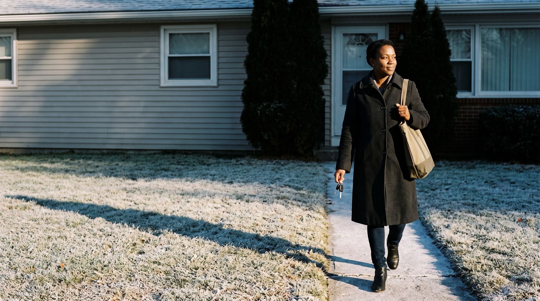 A woman with a tote bag and car keys walking past a house on a frosty morning
