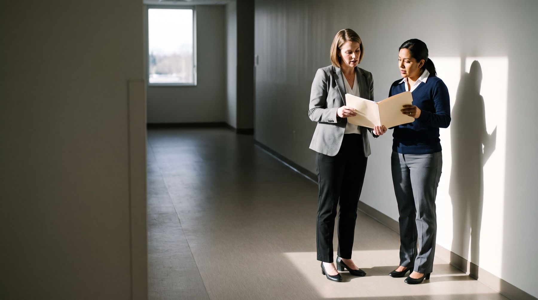 Two women in a quiet corridor reviewing an open folder together