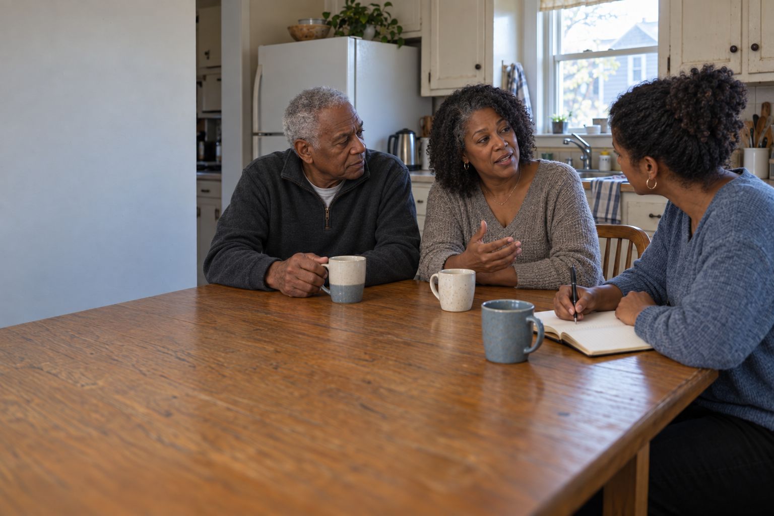 Three people talking around a kitchen table with mugs, one of them taking notes in a notebook