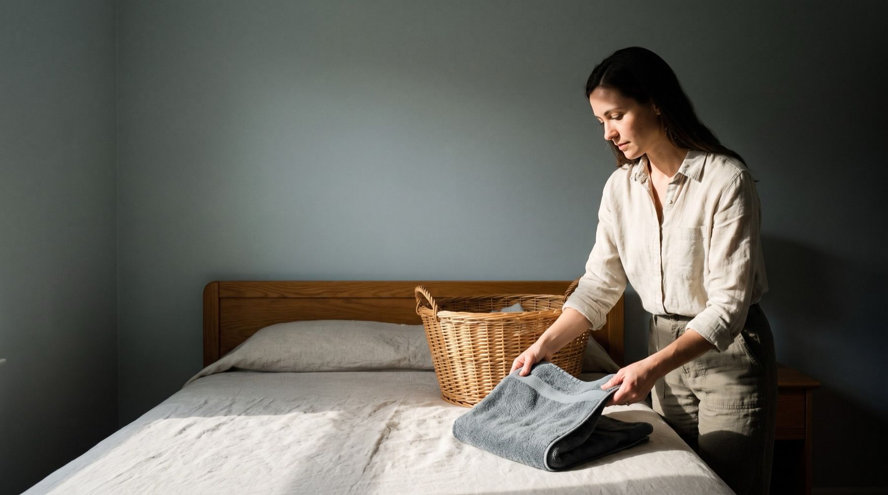 A woman folding a towel beside a laundry basket on a made bed