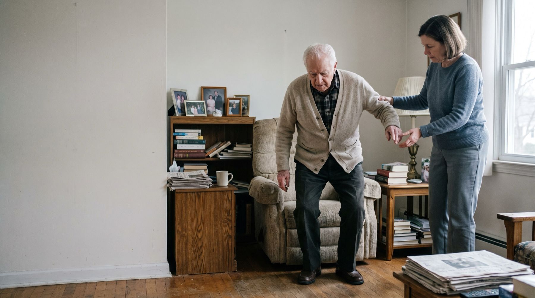 An older man in a cardigan rising from his armchair while a woman steadies his forearm