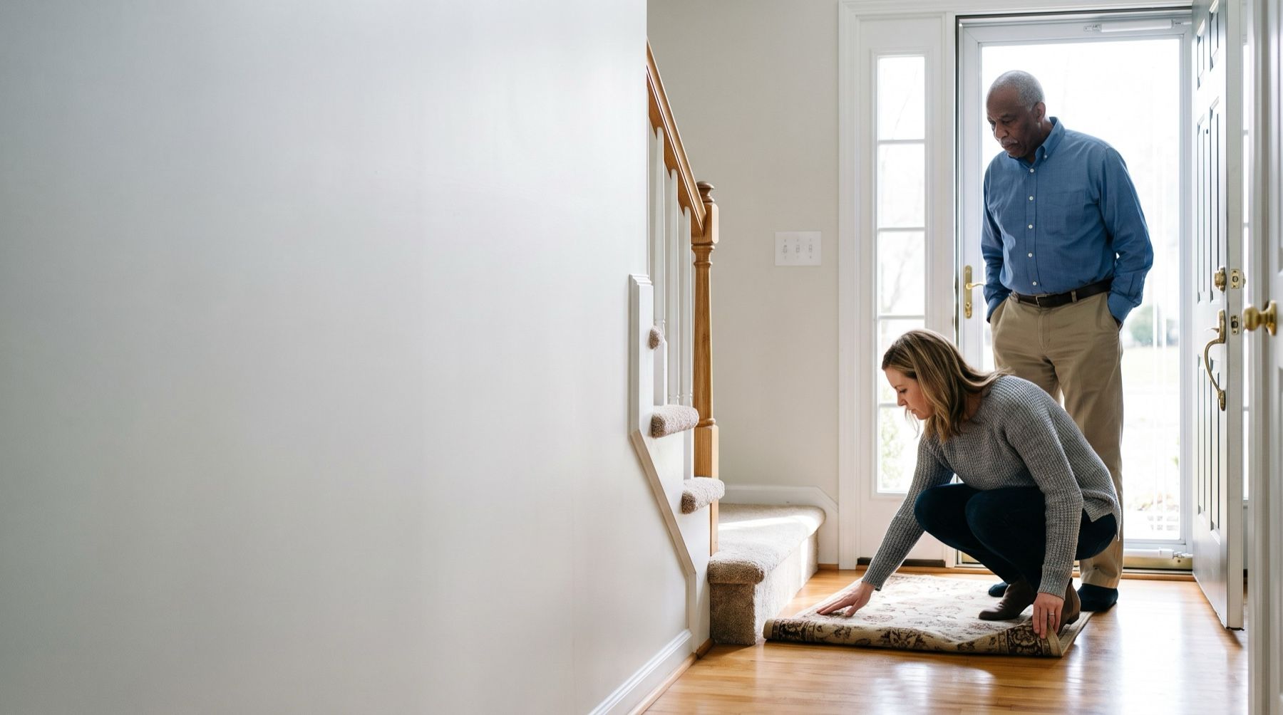 A woman crouching to check a loose rug at the foot of the stairs while an older man watches from the hallway