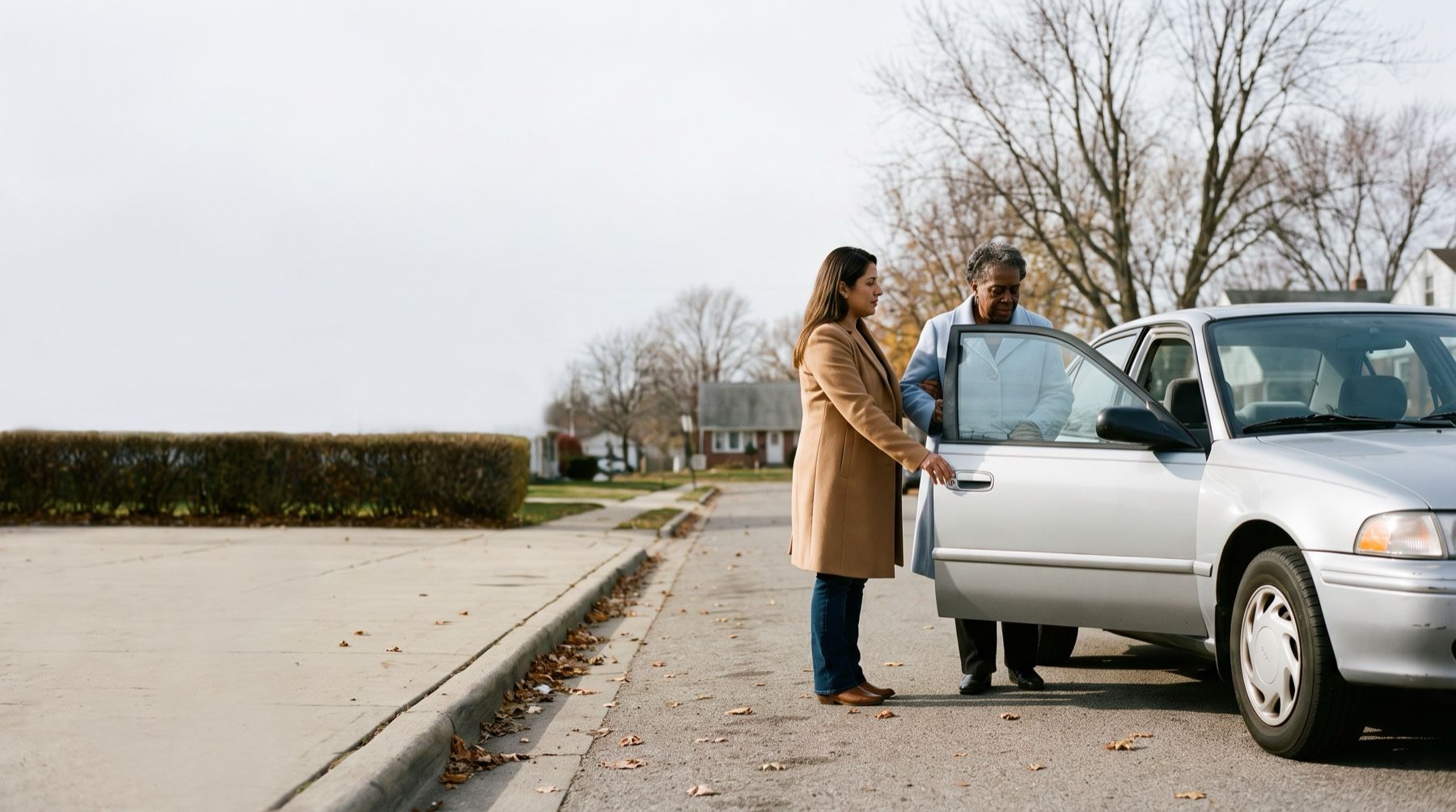 A woman holding a car door open as an older woman gets into the passenger seat on a quiet autumn street